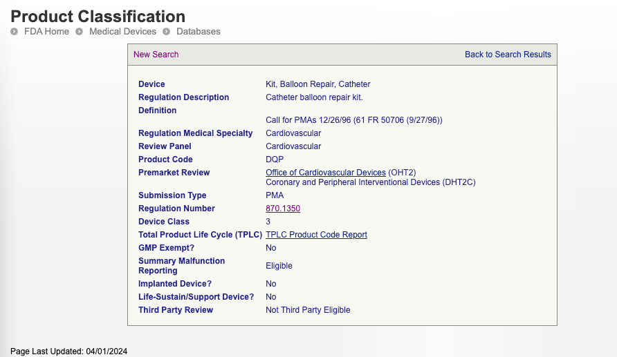 Class III example in FDA product classification database